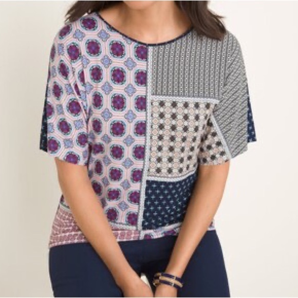 Chicos patchwork short sleeve top Chicos size 3 or XL mixed media - Picture 1 of 9